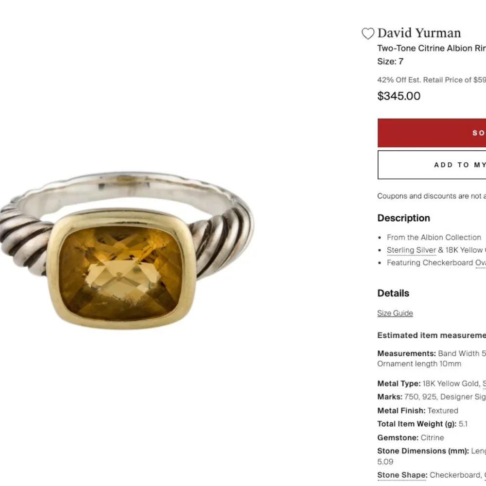 David Yurman Two-Tone Citrine Albion Ring 7 - Picture 4 of 7